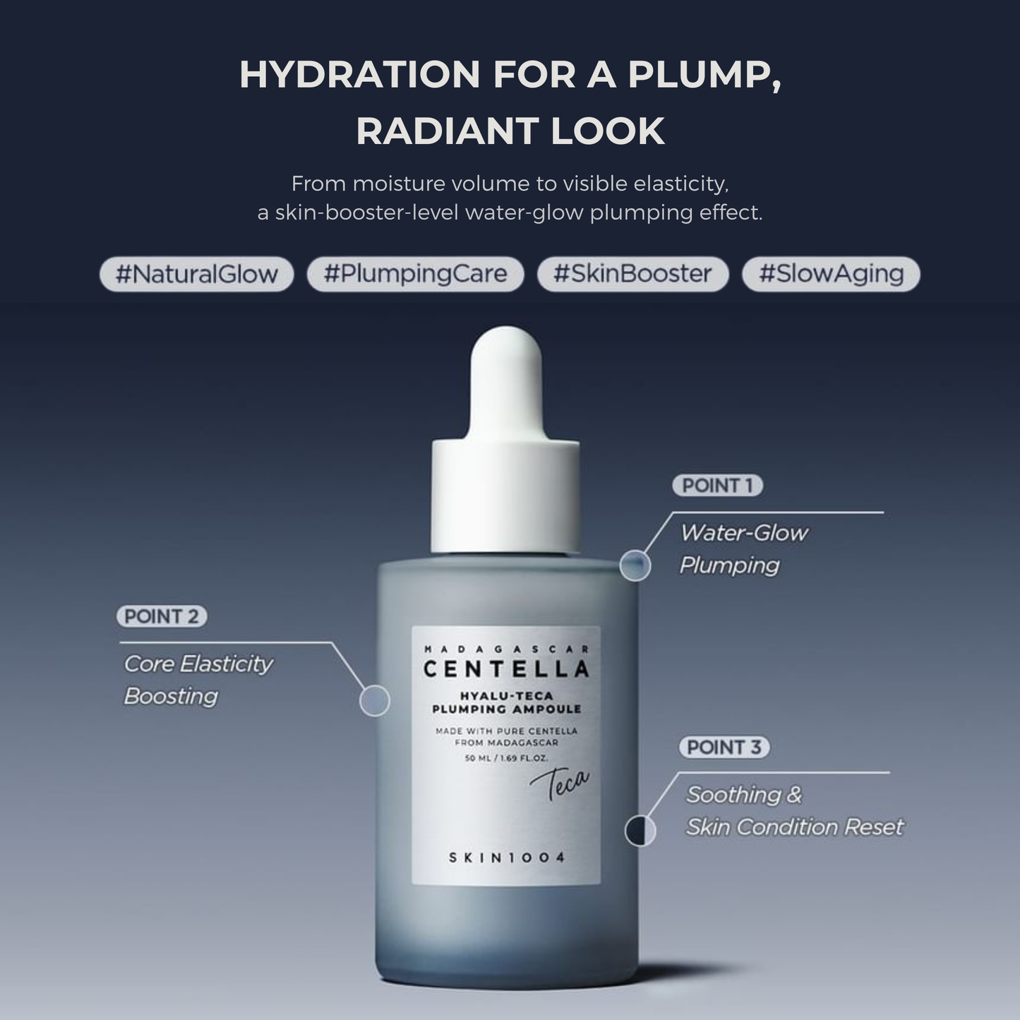 SKIN1004 Madagascar Centella Hyalu-Teca Plumping Ampoule with hydration benefits on a gradient blue background