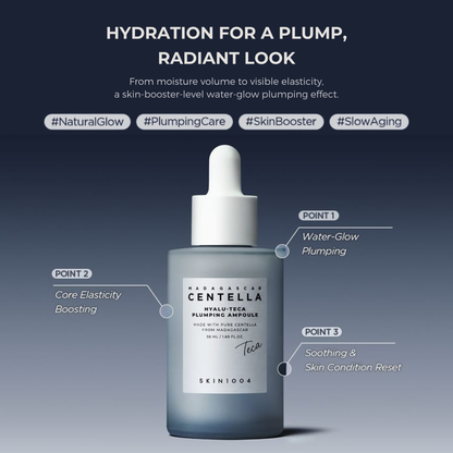 SKIN1004 Madagascar Centella Hyalu-Teca Plumping Ampoule with hydration benefits on a gradient blue background