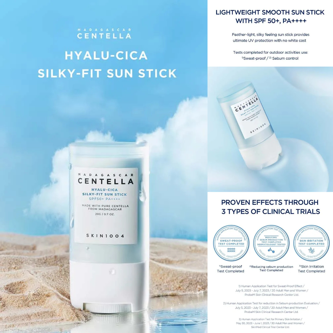 SKIN1004 Hyalu-Cica Silky-Fit Sun Stick with beach and sky background as well as text on product features and clinical trials