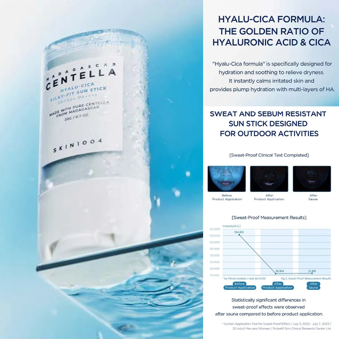 SKIN1004 Madagascar Centella Hyalu‑Cica Silky‑Fit Sun Stick on a blue background with text on Hyaluronic Acid and Cica as well as sweat and sebum resistance