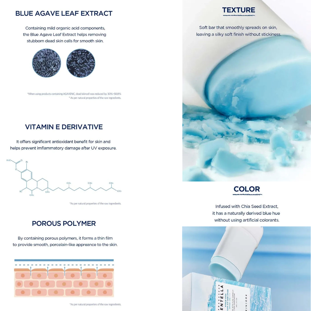 SKIN1004 Madagascar Centella Hyalu‑Cica Silky‑Fit Sun Stick product information sheet with blue agave leaf extract, texture, vitamin E derivative, colour, and porous polymer details.