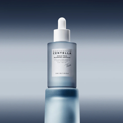 SKIN1004 Madagascar Centella Hyalu-Teca Plumping Ampoule on a blue background