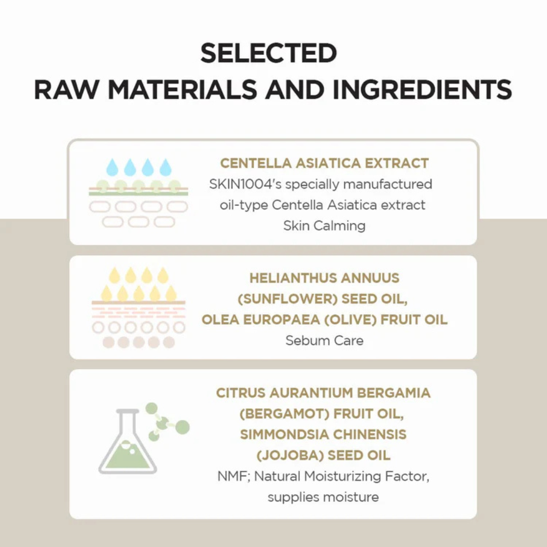 List of raw materials and ingredients of SKIN1004 Madagascar Centella Light Cleansing Oil with icons and text on a beige background