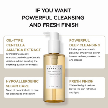 SKIN1004 Madagascar Centella Light Cleansing Oil with product details on a beige background