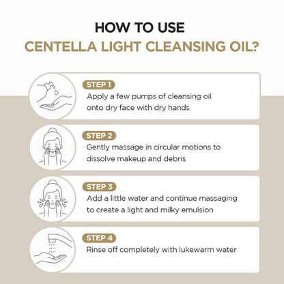 Instructions on how to use SKIN1004 Madagascar Centella Light Cleansing Oil with step-by-step icons and text.