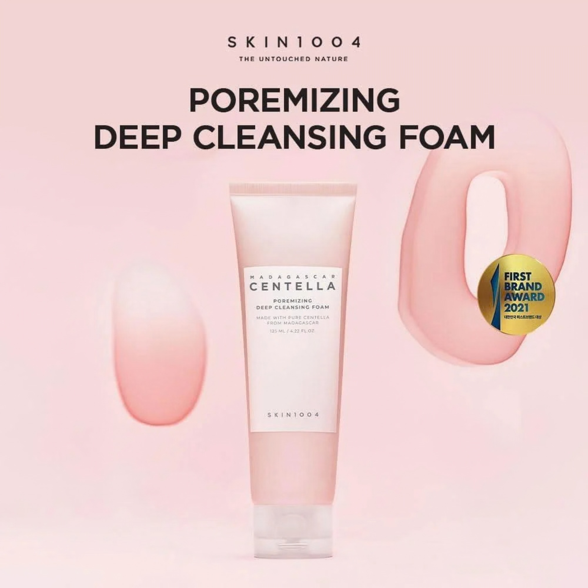 SKIN1004 Madagascar Centella Poremizing Deep Cleansing Foam on a pink background with brand logo and product name.