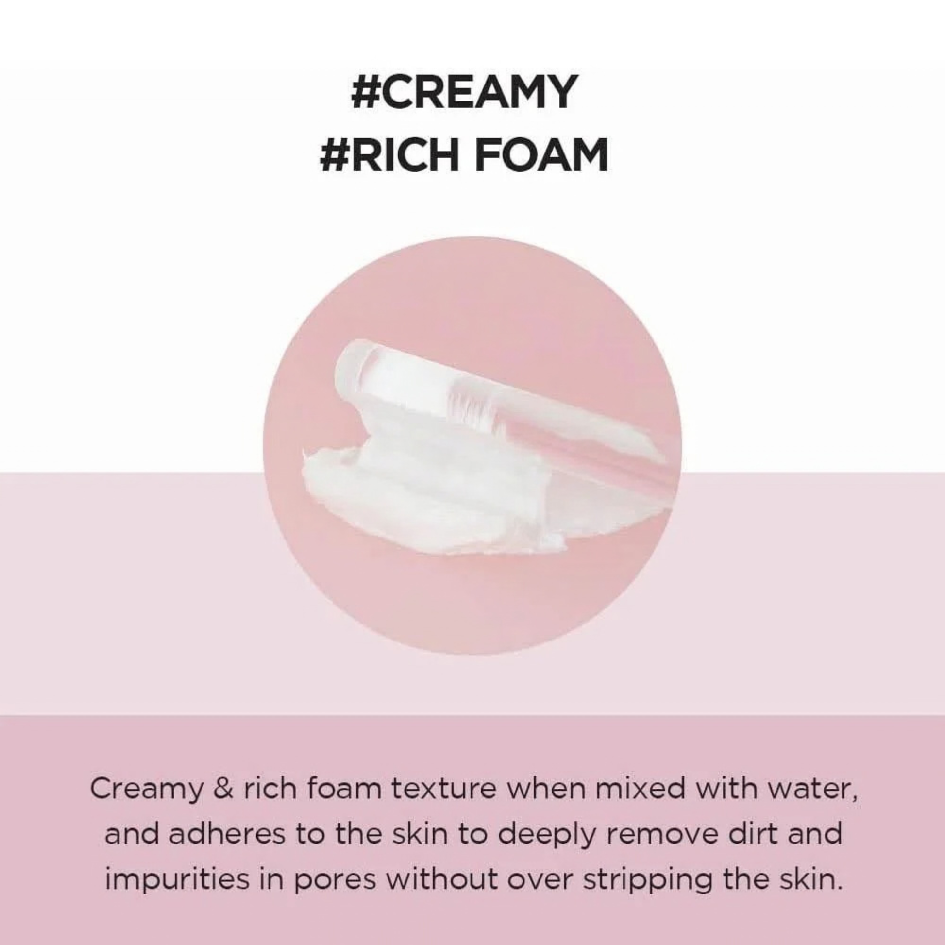 Creamy rich foam texture of SKIN1004 Madagascar Centella Poremizing Deep Cleansing Foam with text on a pink background