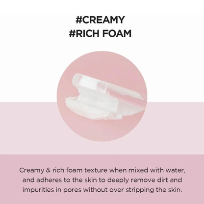 Creamy rich foam texture of SKIN1004 Madagascar Centella Poremizing Deep Cleansing Foam with text on a pink background