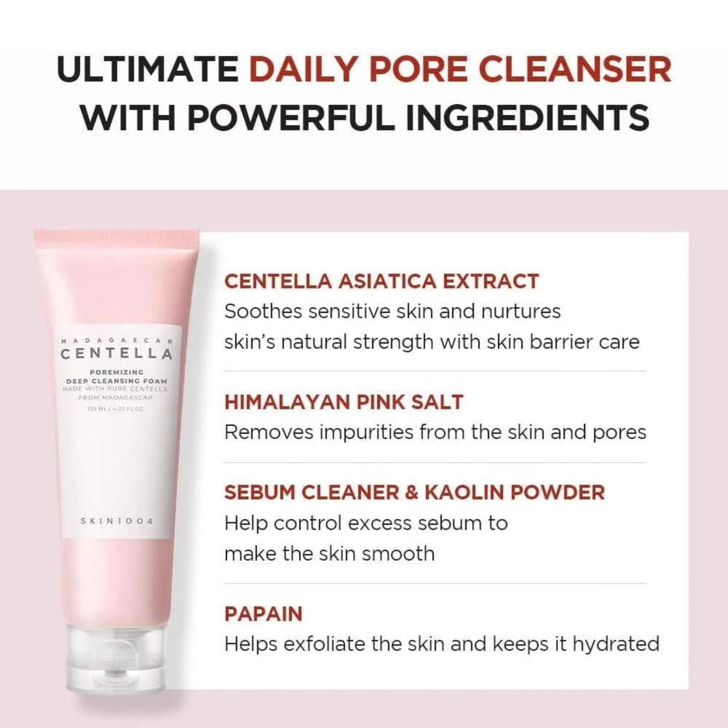 SKIN1004 Madagascar Centella Poremizing Deep Cleansing Foam with hero ingredients listed on a pink and white background