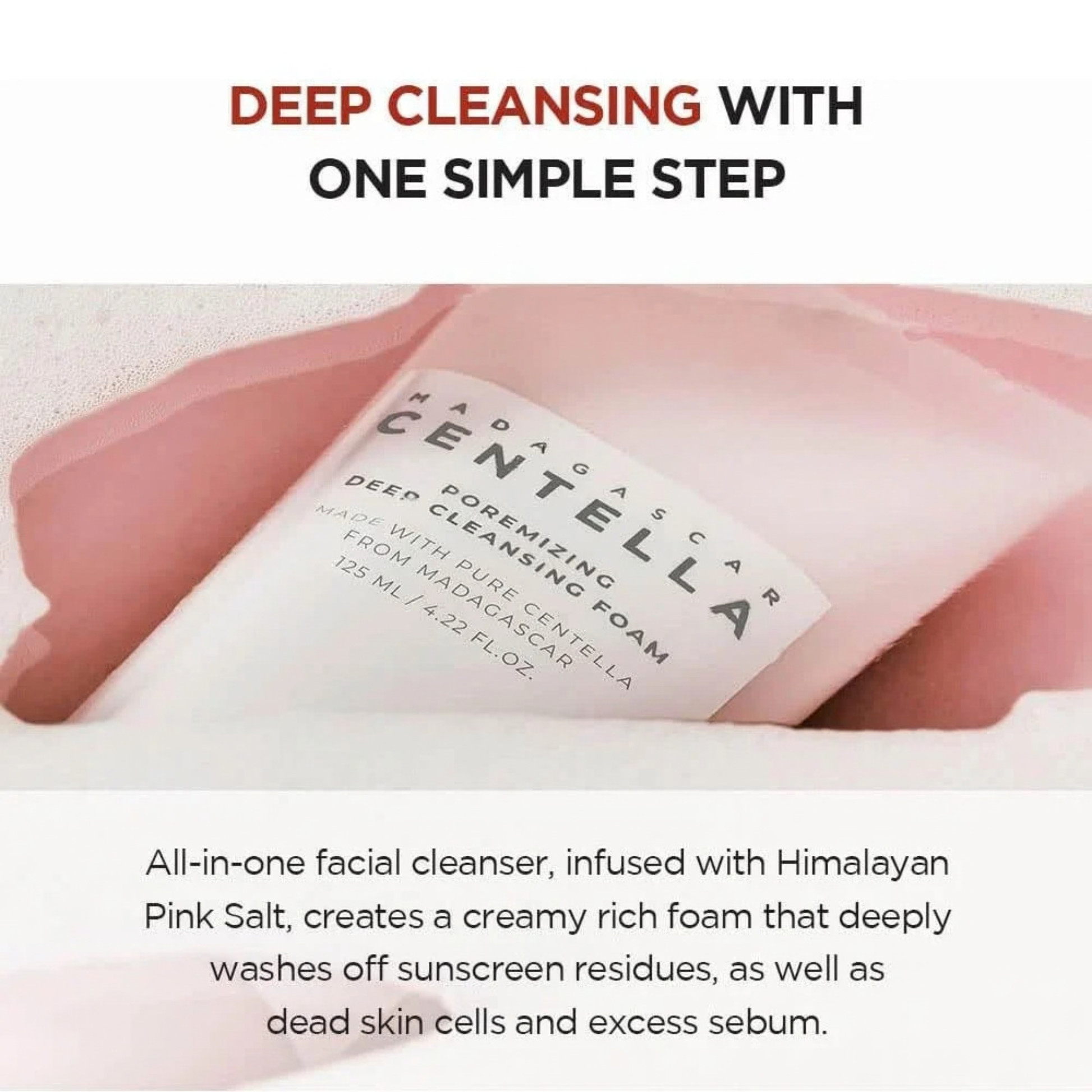 SKIN1004 Madagascar Centella Poremizing Deep Cleansing Foam with text about deep cleansing benefits, stating it is a all-in-one facial cleanser.