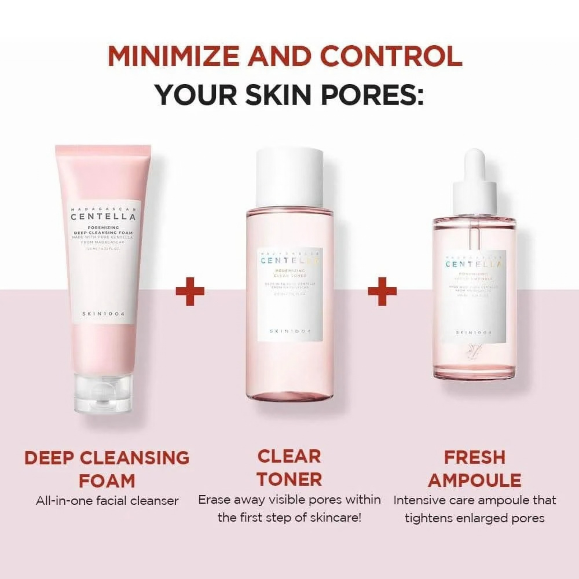 Three skincare products in the SKIN1004 Madagascar Centella Poremizing range showing in which order products should be used, with text on a pink background.