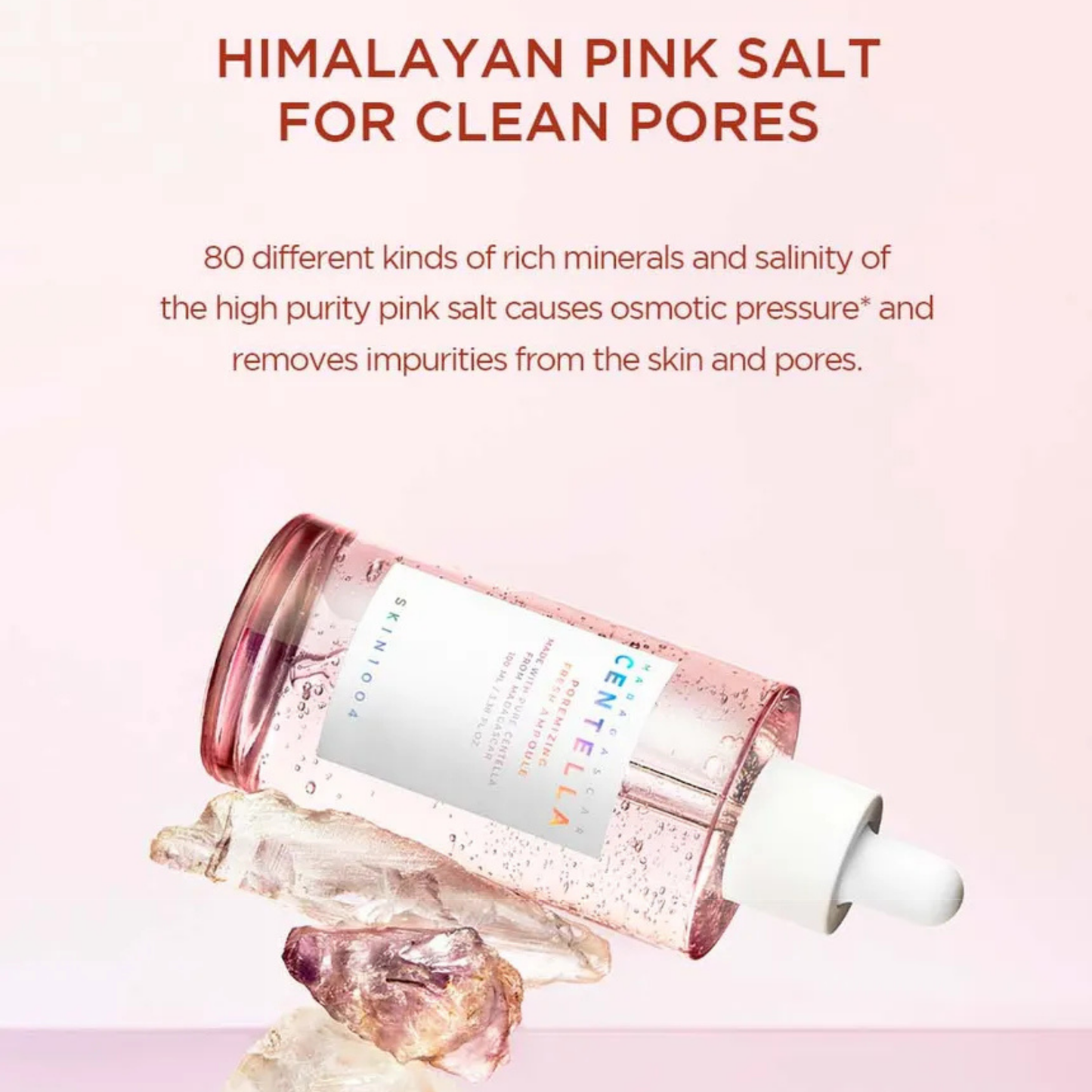 SKIN1004 Madagascar Centella Poremizing Fresh Ampoule with Himalayan pink salt for clean pores on a pink background