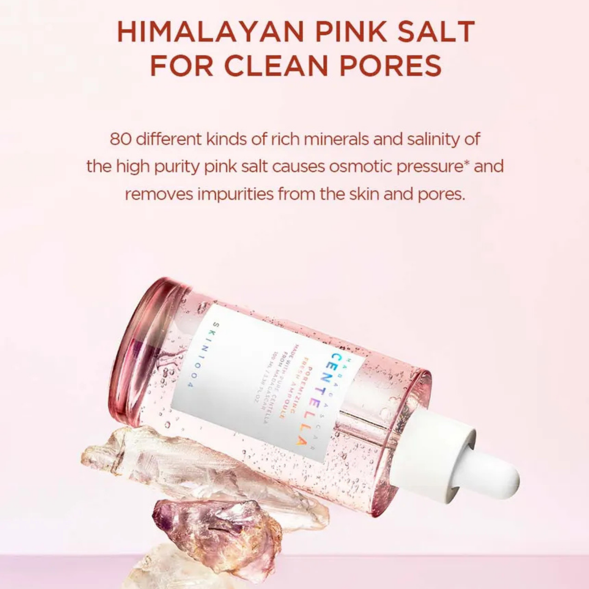 SKIN1004 Madagascar Centella Poremizing Fresh Ampoule with Himalayan pink salt for clean pores on a pink background