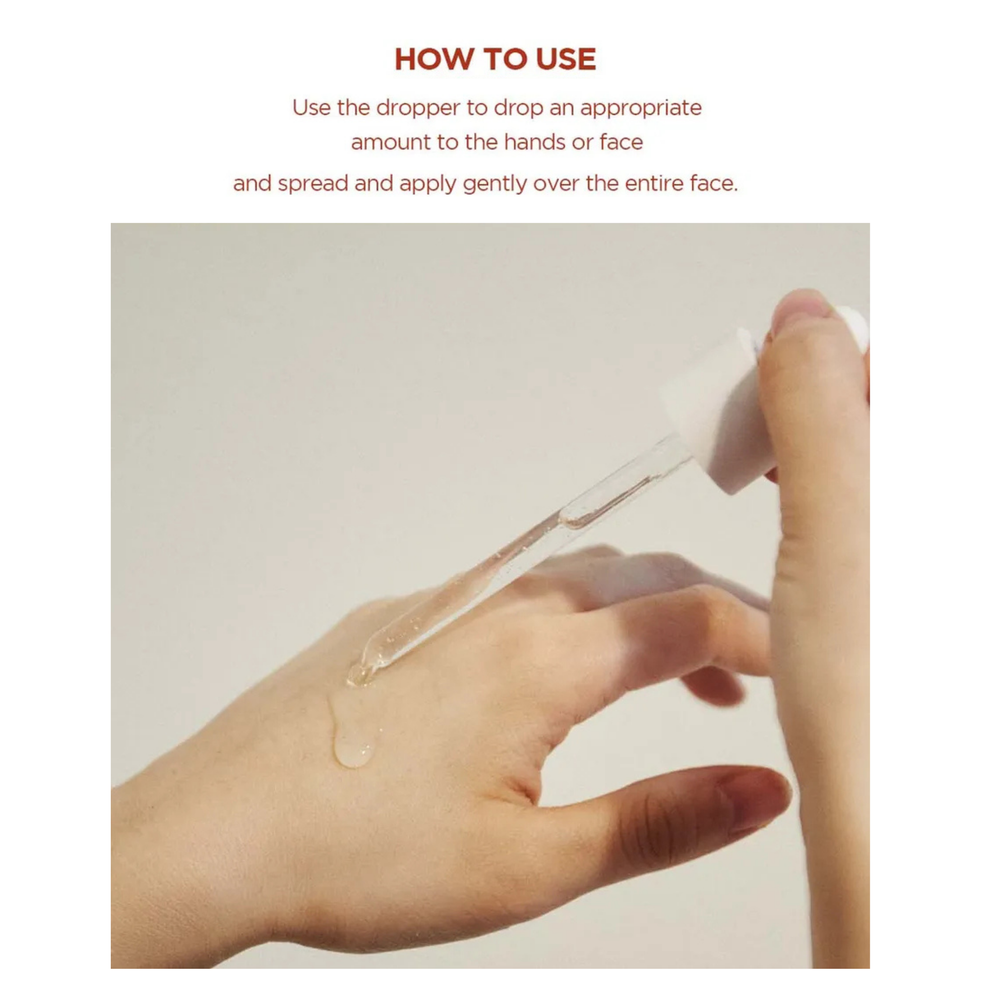 Instructions on how to use the SKIN1004 Madagascar Centella Poremizing Fresh Ampoule with hand using a dropper to apply liquid to another hand.
