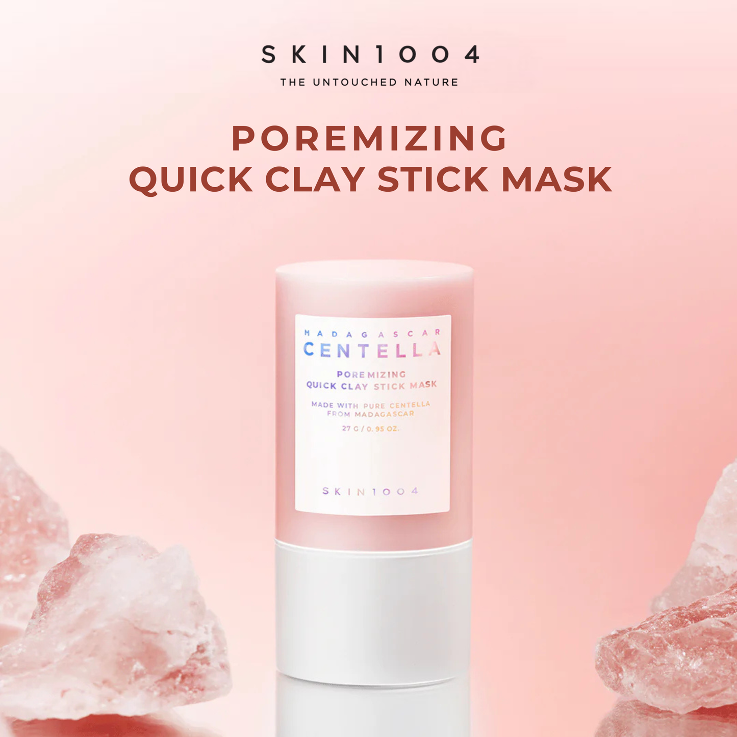 SKIN1004 Madagascar Centella Poremizing Quick Clay Stick Mask on a pink background with crystal elements.