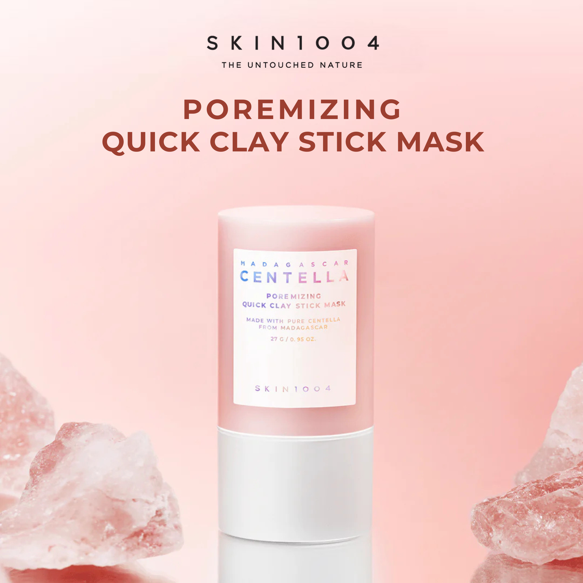 SKIN1004 Madagascar Centella Poremizing Quick Clay Stick Mask on a pink background with crystal elements.