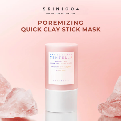 SKIN1004 Madagascar Centella Poremizing Quick Clay Stick Mask on a pink background with crystal elements.