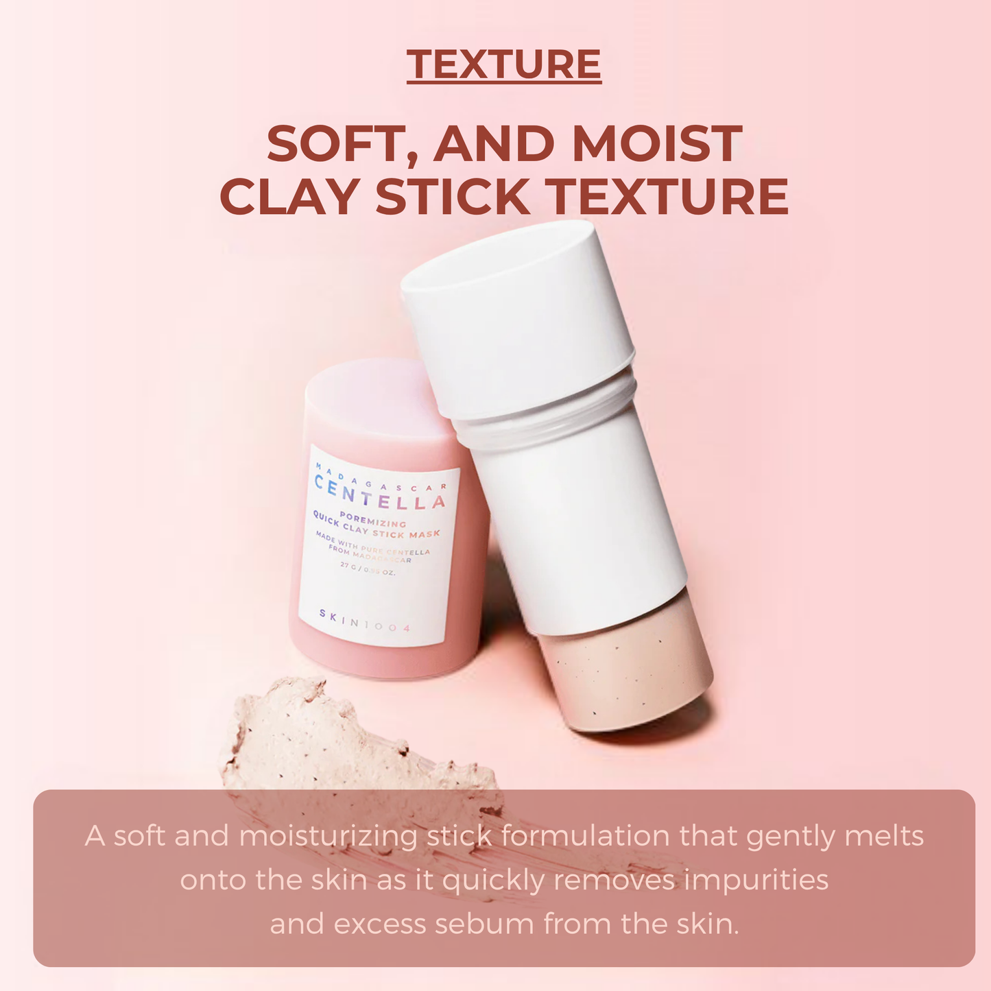 SKIN1004 Madagascar Centella Poremizing Quick Clay Stick Mask with a pink background and text about texture and benefits.