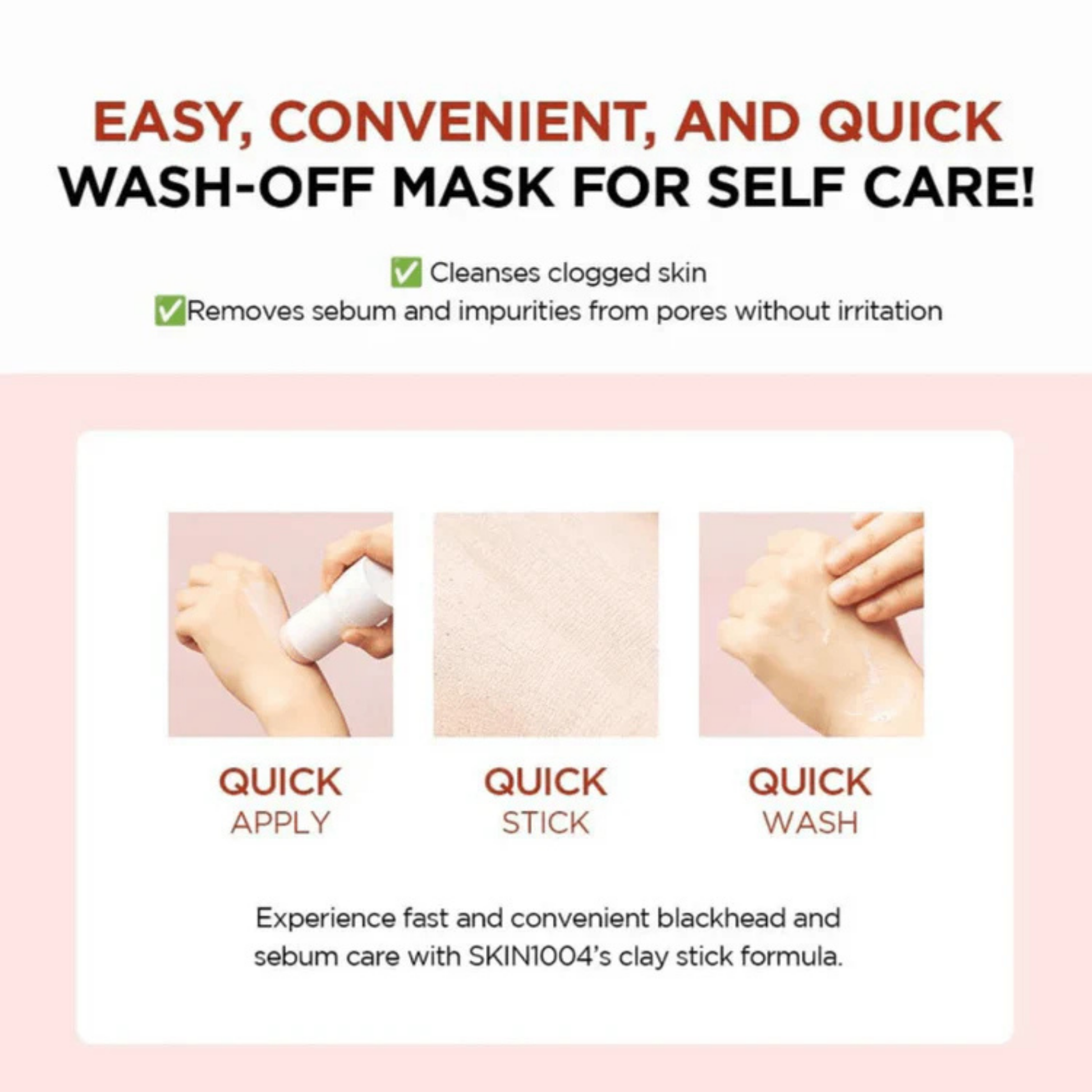 Information for SKIN1004 Madagascar Centella Poremizing Quick Clay Stick Mask with text and images of application steps on a pink background.