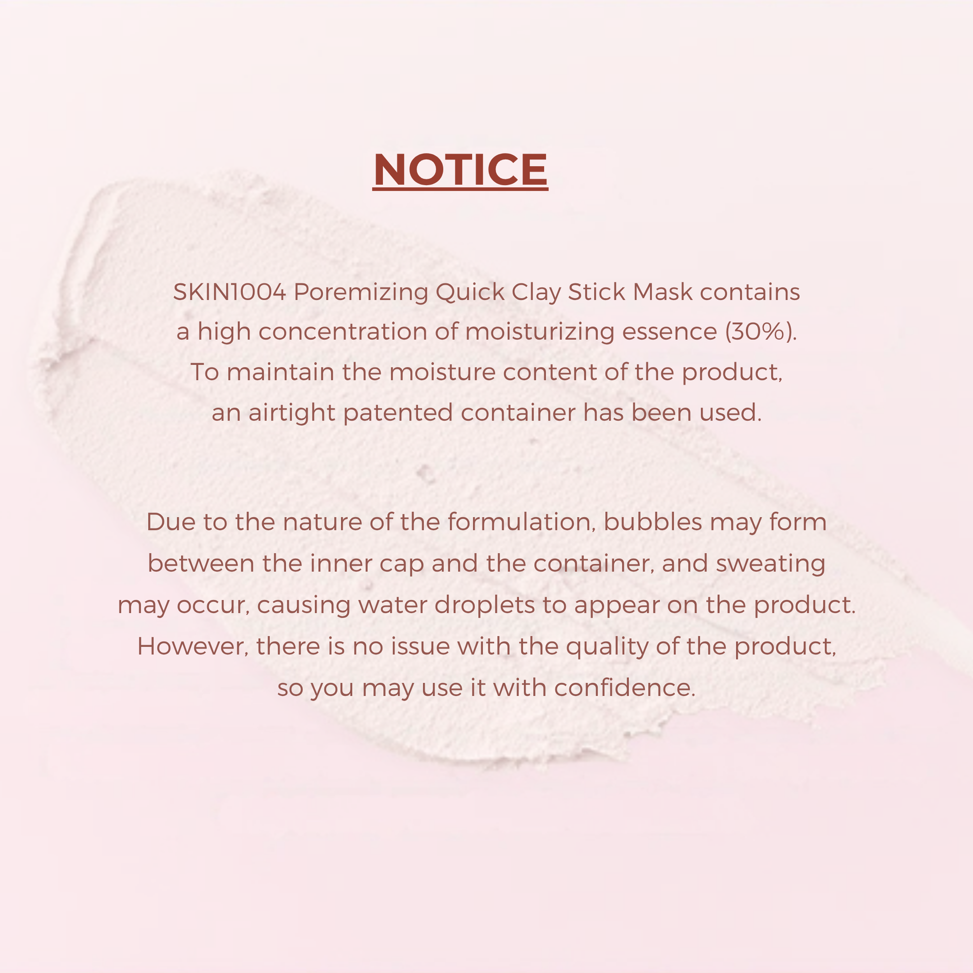 Product information card for SKIN1004 Poreminizing Quick Clay Stick Mask with text on a pink background