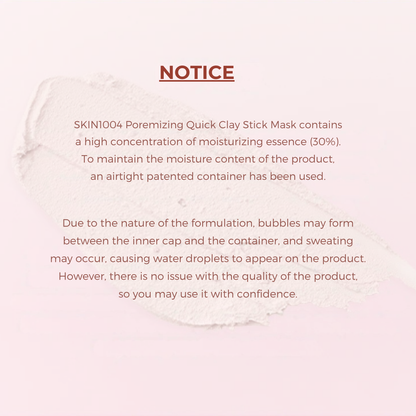 Product information card for SKIN1004 Poreminizing Quick Clay Stick Mask with text on a pink background