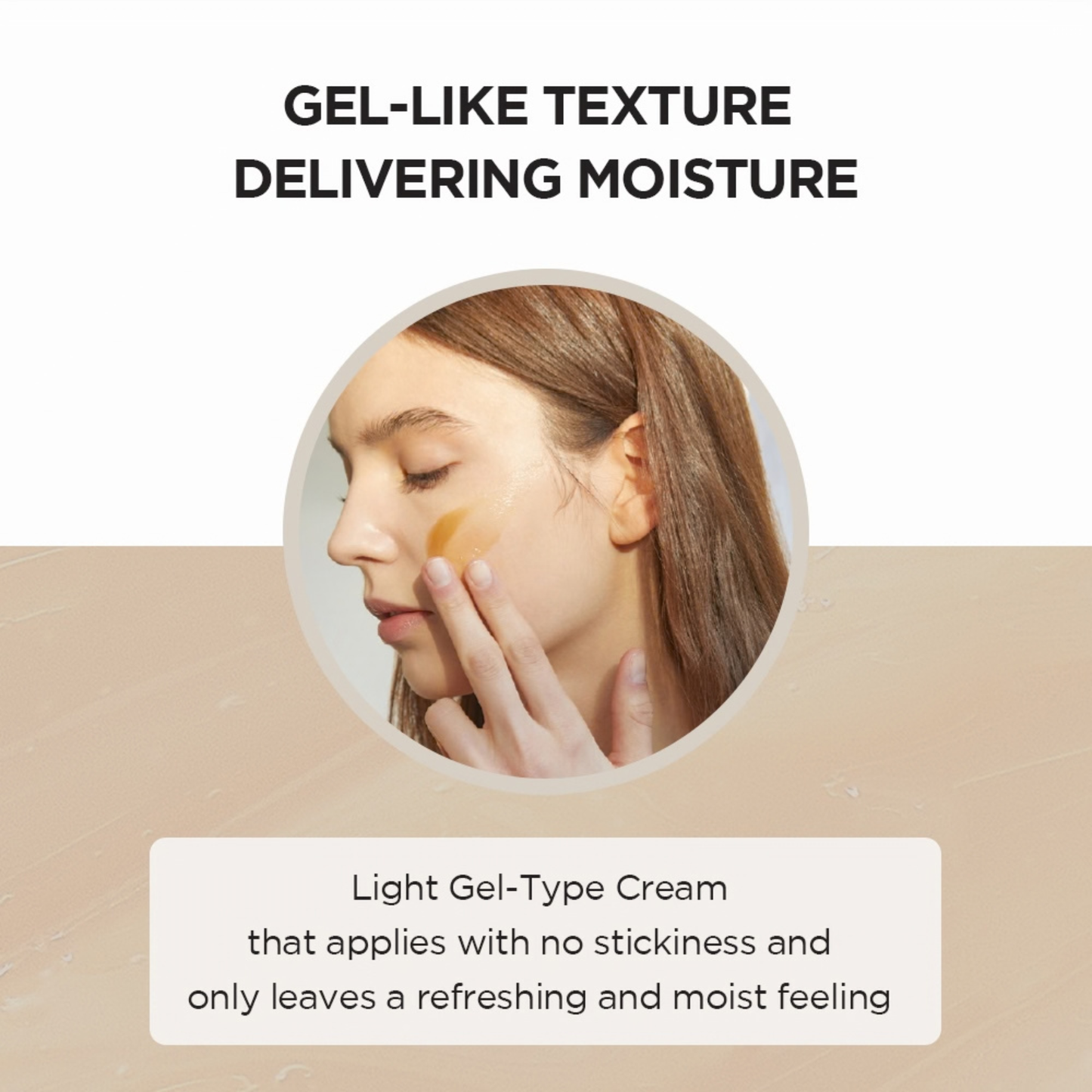 Woman applying SKIN1004 Madagascar Centella Soothing Cream to her face with text about gel-like texture and moisture delivery.