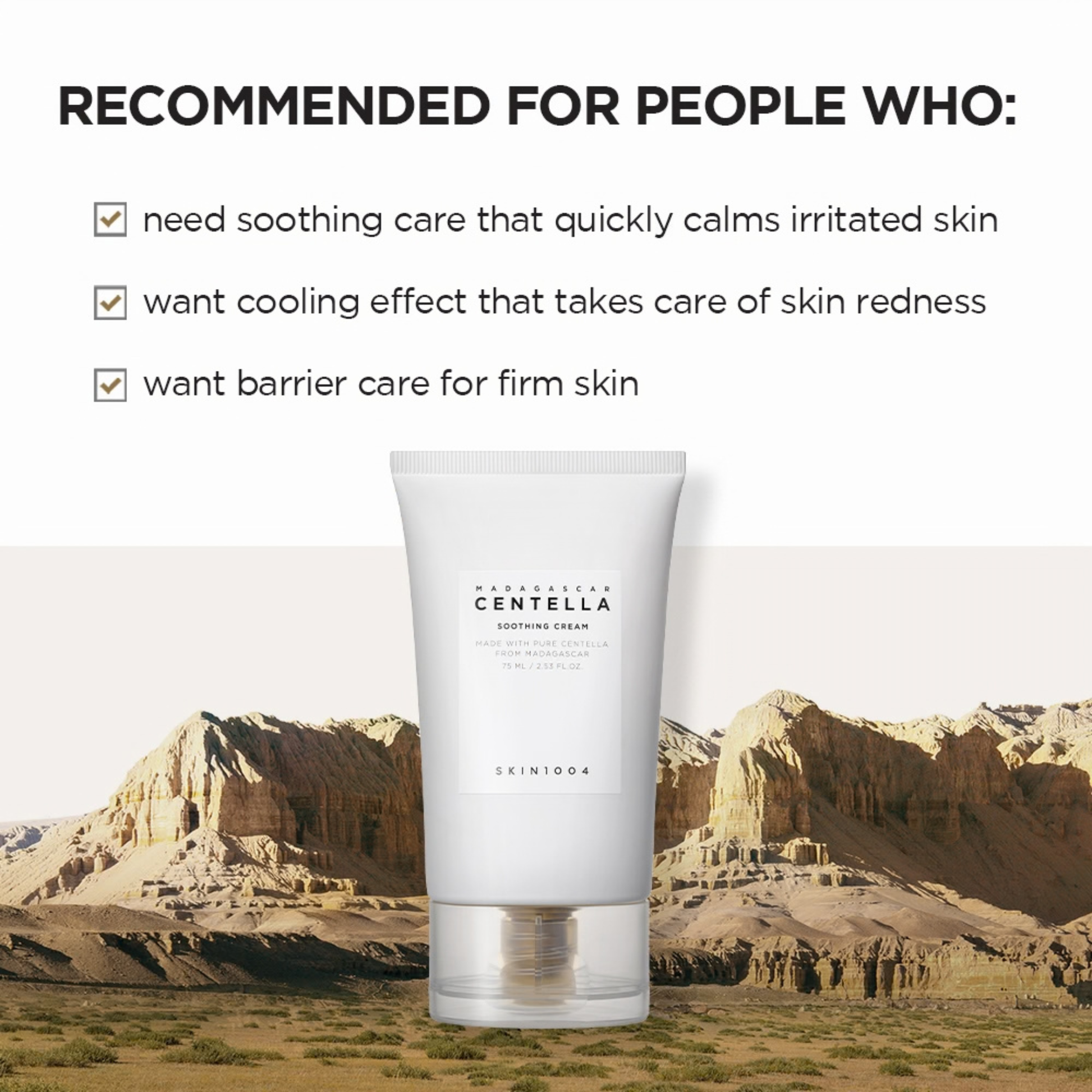 SKIN1004 Madagascar Centella Soothing Cream with desert landscape background and text about who the moisturiser is recommended for.