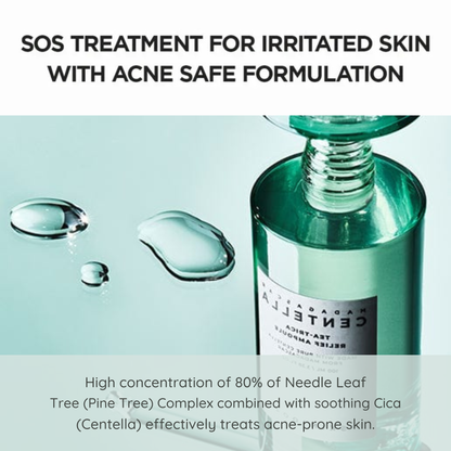 Information about the SKIN1004 Madagascar Centella Tea-Trica Relief Ampoule stating it is a SOS treatment for irritated skin and is an acne safe formula