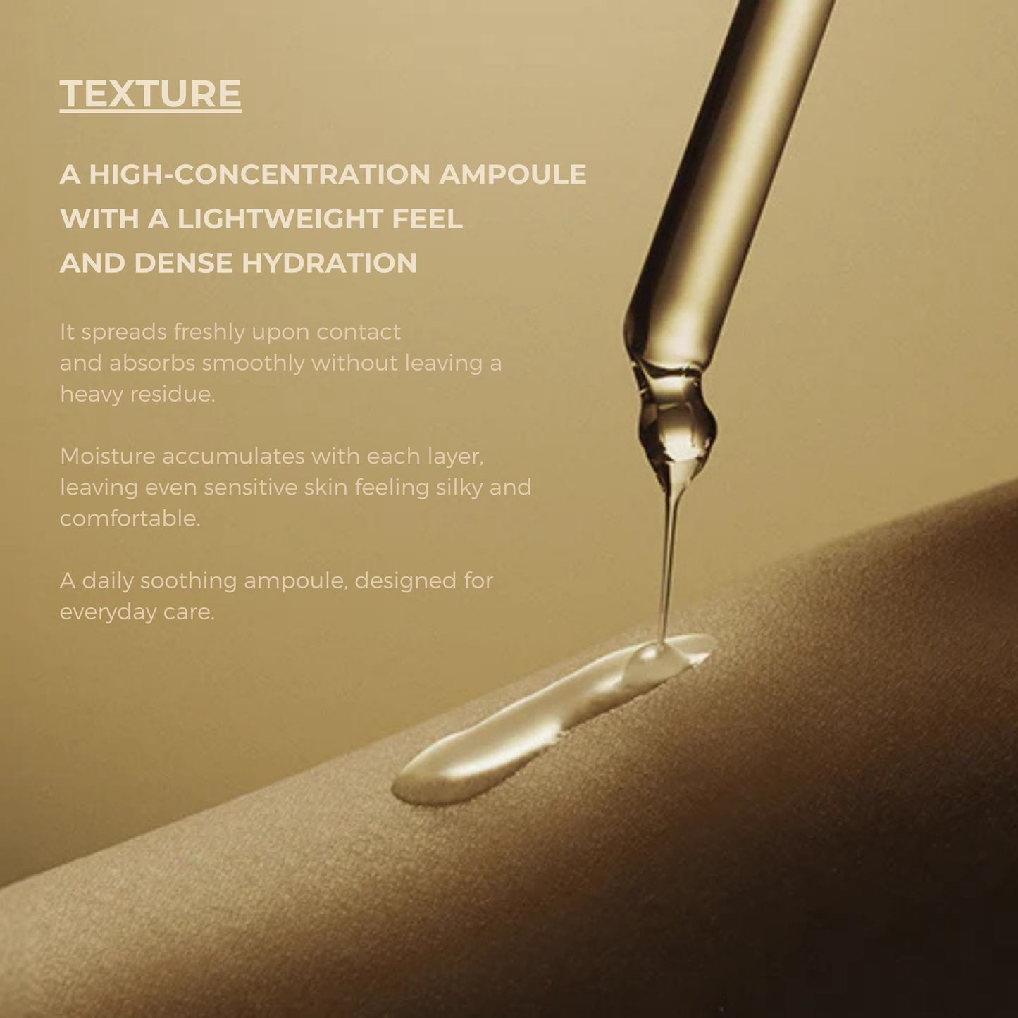 Woman dripping SKIN1004 Madagascar Centella Teca Ampoule onto her arm with a dropper with text about the texture of the product