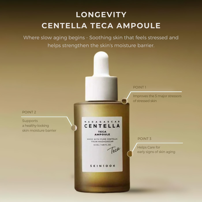 SKIN1004 Madagascar Centella Teca Ampoule with text on slow ageing and soothing benefits