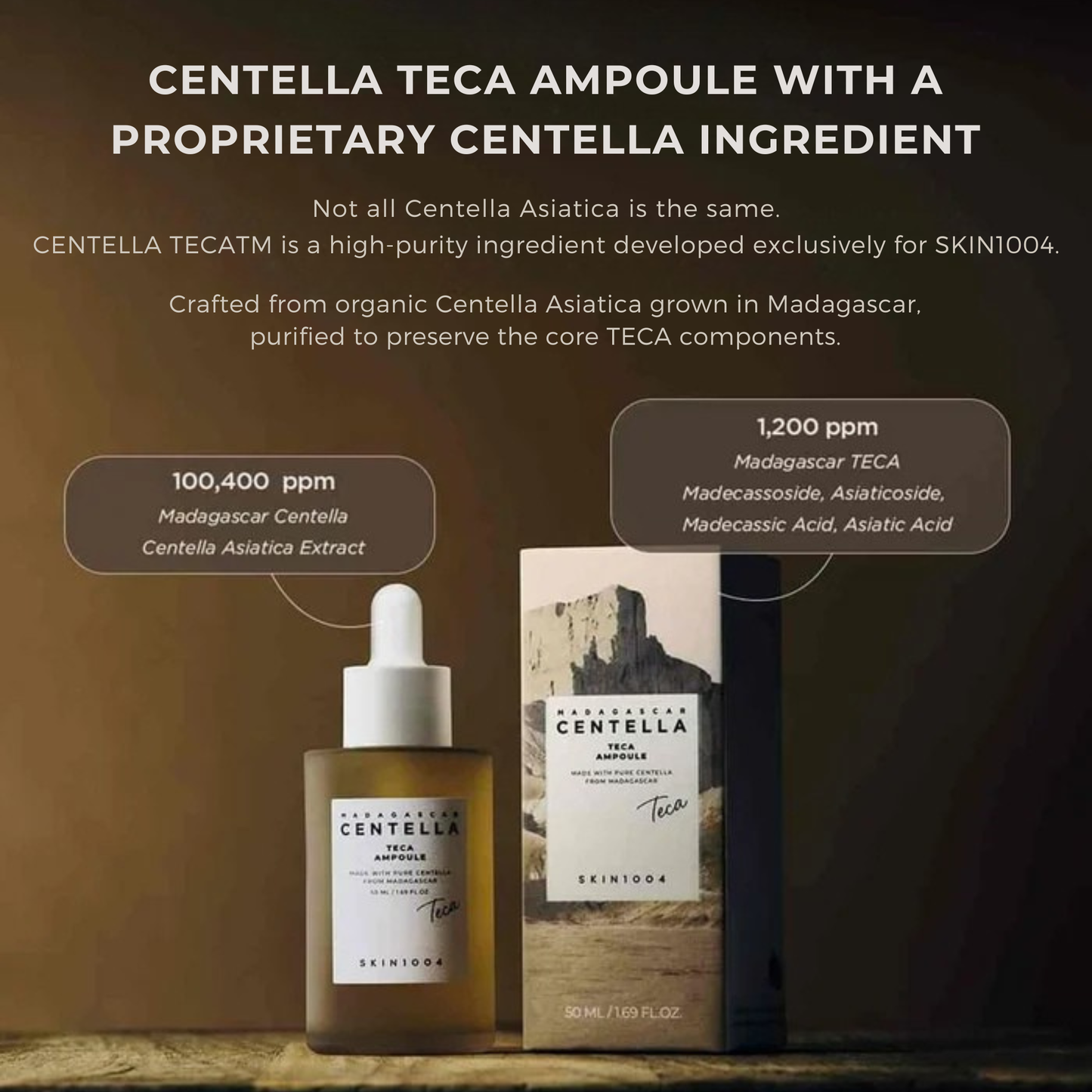 SKIN1004 Madagascar Centella Teca Ampoule and box with text on the proprietary centella ingredient in their formulations (TECA)  