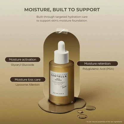 SKIN1004 Madagascar Centella Teca Ampoule with text on the moisture support of the product