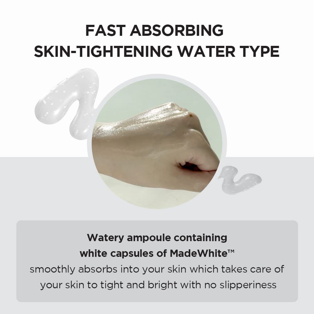 Information on MadeWhite skin care ingredient with text about fast-absorbing water type and white capsules. SKIN1004 Madagascar Centella Tone Brightening Capsule Ampoule
