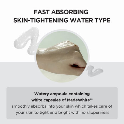 Information on MadeWhite skin care ingredient with text about fast-absorbing water type and white capsules. SKIN1004 Madagascar Centella Tone Brightening Capsule Ampoule