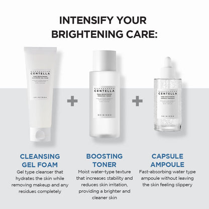 Skincare product lineup with cleansing gel foam, boosting toner, and capsule ampoule on a white background.