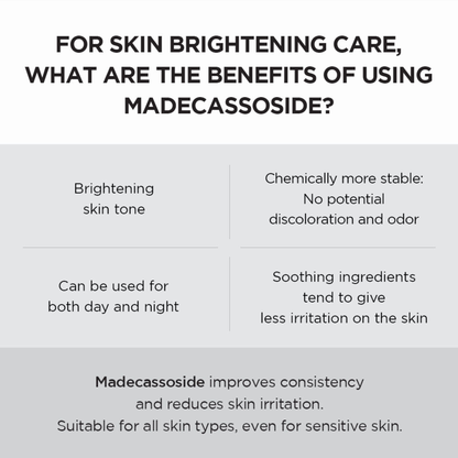 Text table highlighting the benefits of using Madecassoside for skin brightening
