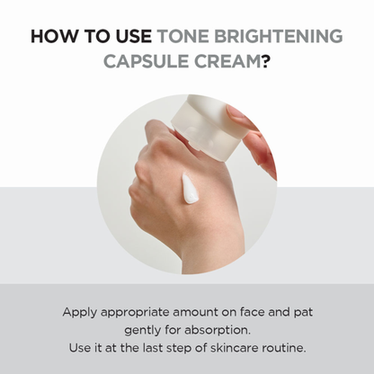 a Hand applying SKIN1004 Madagascar Centella Tone Brightening Capsule Cream with text on the usage instructions