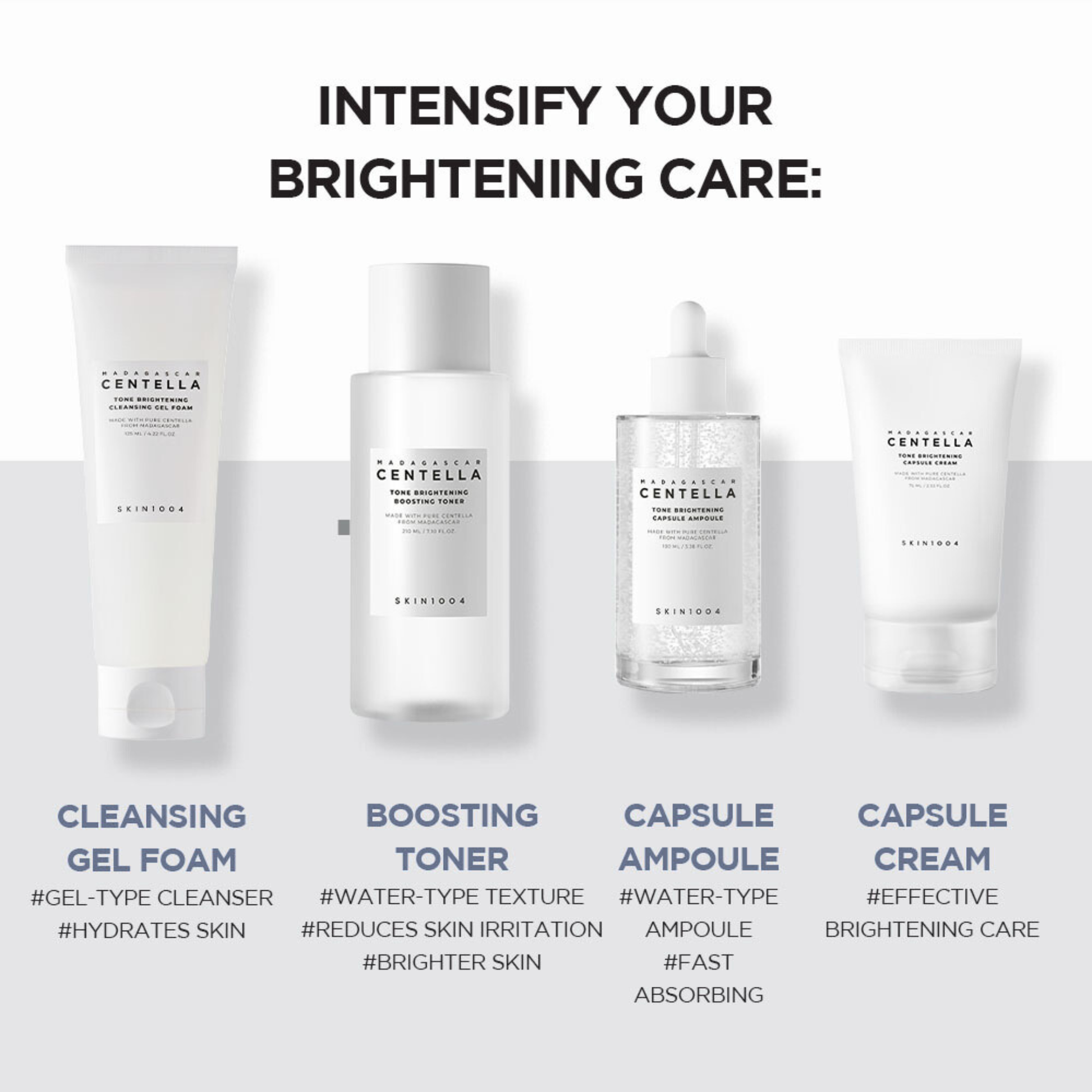 The SKIN1004 Madagascar Centella Tone Brightening range with text on intensifying your brightening care