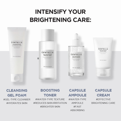 The SKIN1004 Madagascar Centella Tone Brightening range with text on intensifying your brightening care