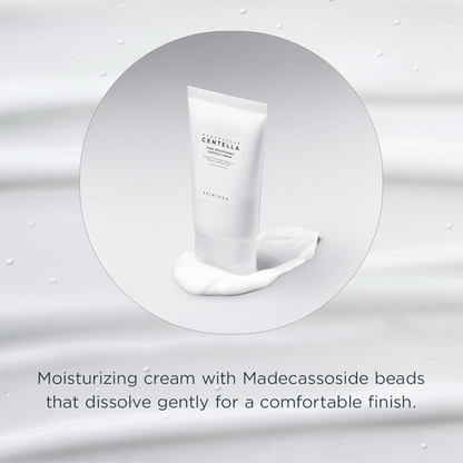 SKIN1004 Madagascar Centella Tone Brightening Capsule Cream sitting on top of cream. There is text about the Madecassoside beads that gently dissolve for a comfortable skin finish
