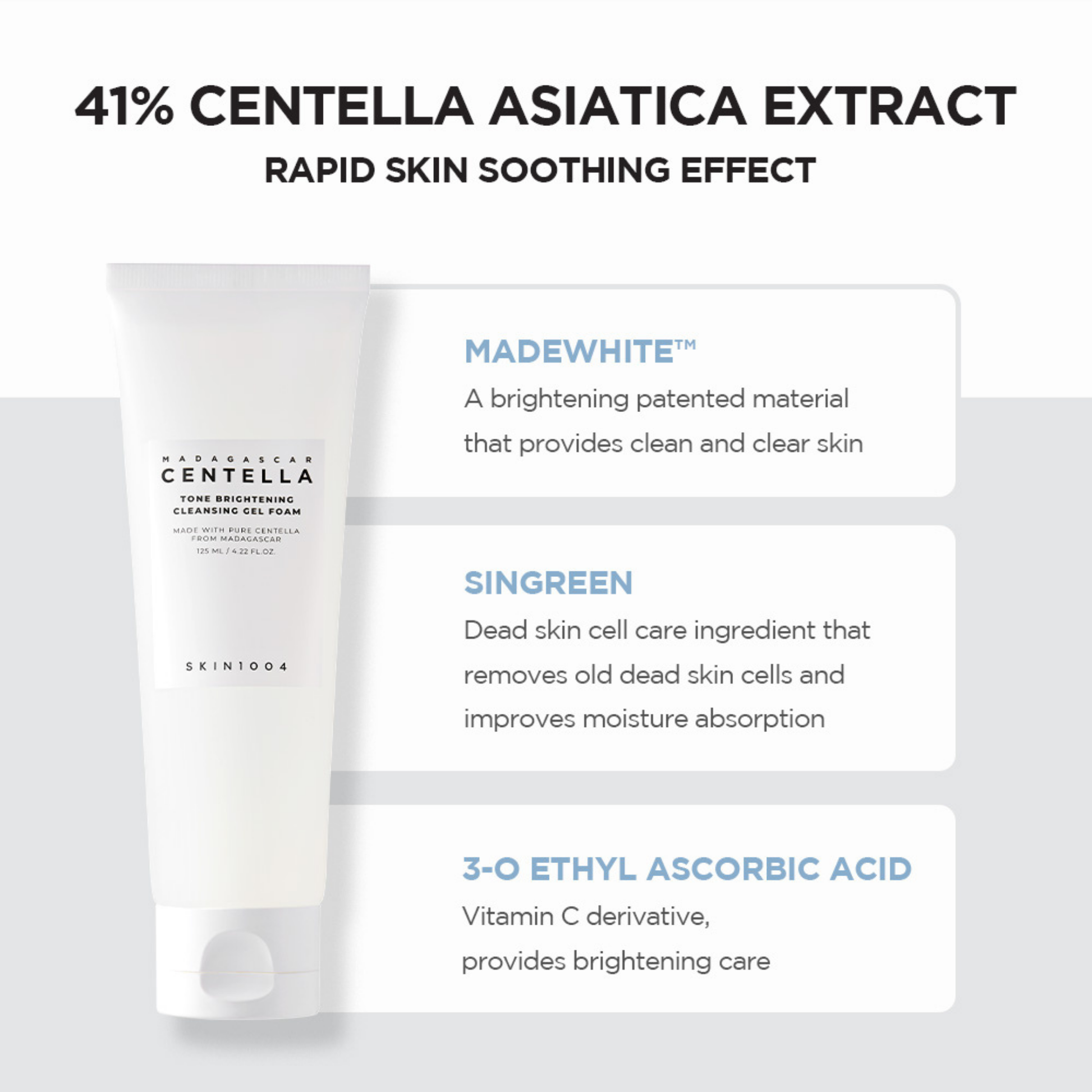 SKIN1004 Madagascar Centella Tone Brightening Cleansing Gel Foam tube with hero ingredients highlighted