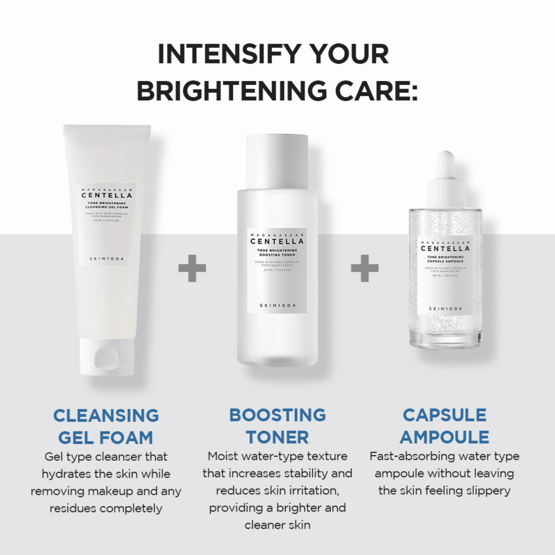 SKIN1004 Brightening product lineup with text describing cleansing gel foam, boosting toner, and capsule ampoule on a white background.