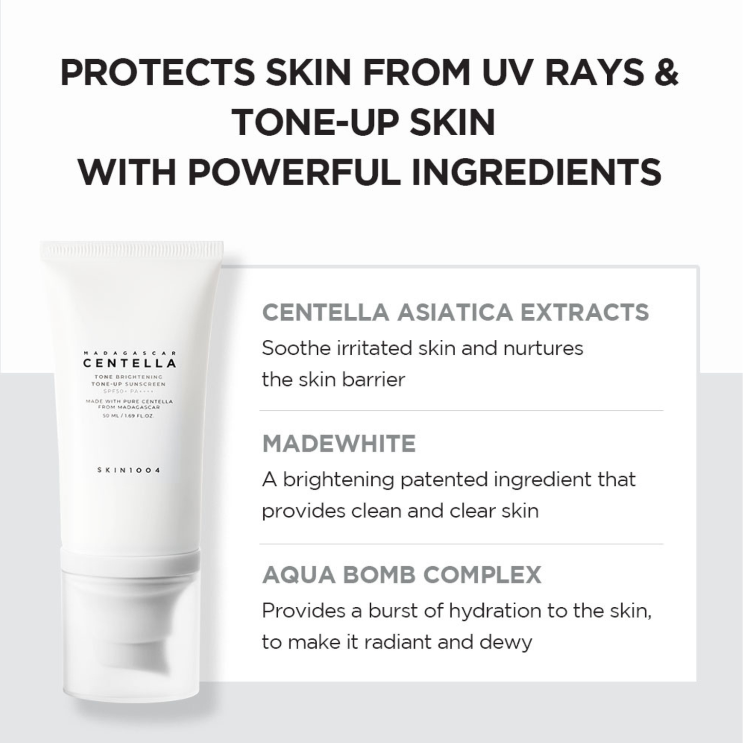 SKIN1004 Madagascar Centella Tone Brightening Tone Up Sunscreen SPF50+ PA++++ with text about the hero ingredients in the formulation