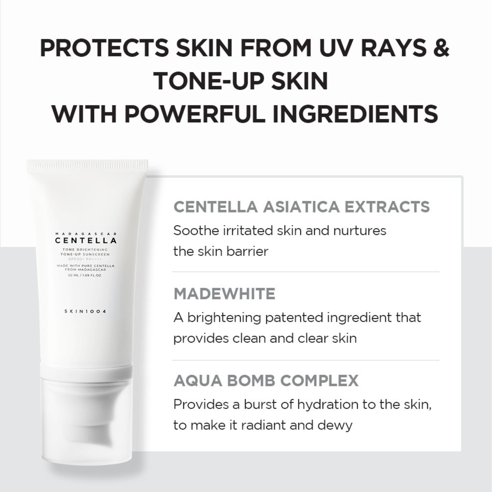 SKIN1004 Madagascar Centella Tone Brightening Tone Up Sunscreen SPF50+ PA++++ with text about the hero ingredients in the formulation