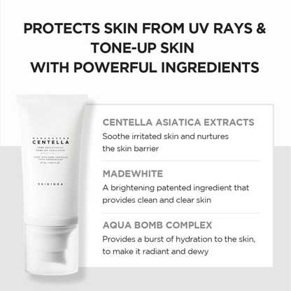 SKIN1004 Madagascar Centella Tone Brightening Tone Up Sunscreen SPF50+ PA++++ with text about the hero ingredients in the formulation