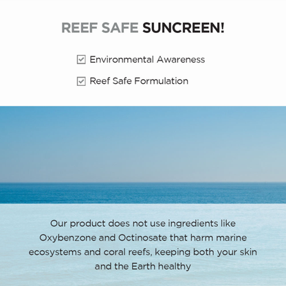 Reef safe description of SKIN1004 Madagascar Centella Tone Brightening Tone Up Sunscreen SPF50+ PA++++ with ocean background