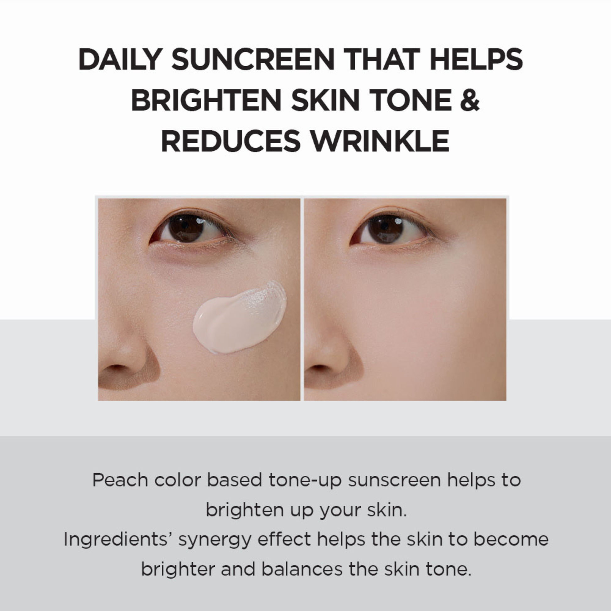 Text about the brightening and wrinkle reduction benefits of the SKIN1004 Madagascar Centella Tone Brightening Tone Up Sunscreen SPF50+ PA++++ with before and after effects of the peach base colour on skin.