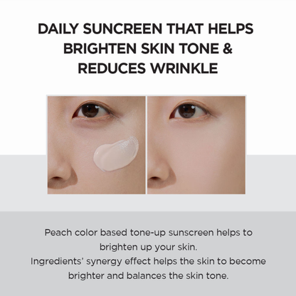 Text about the brightening and wrinkle reduction benefits of the SKIN1004 Madagascar Centella Tone Brightening Tone Up Sunscreen SPF50+ PA++++ with before and after effects of the peach base colour on skin.
