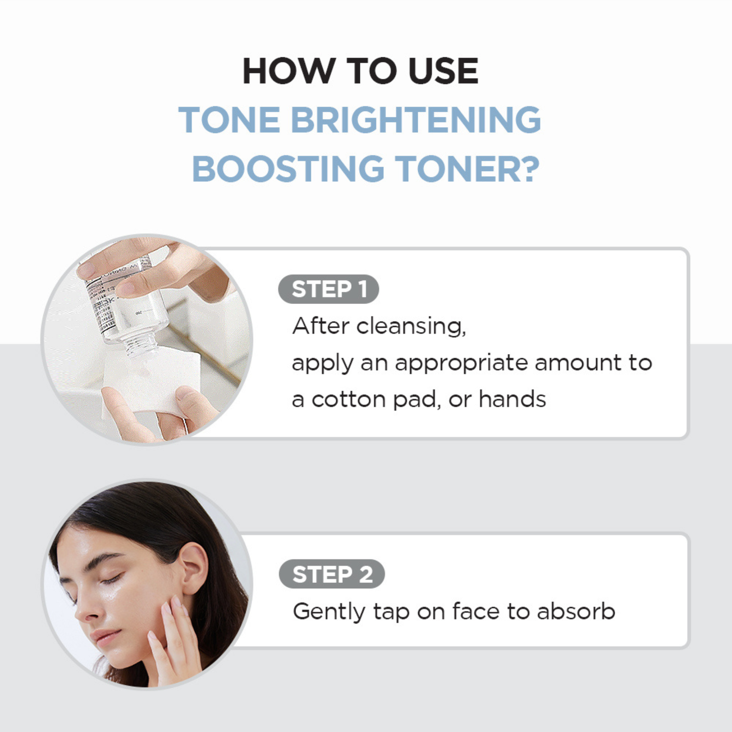 SKIN1004 Madagascar Tone Brightening Boosting Toner usage instructions with images of the product being applied to a cotton pad as well as a woman with glowing skin