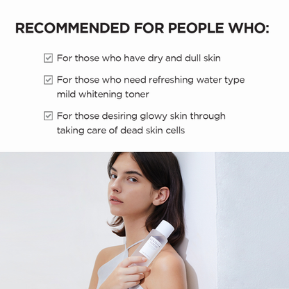 SKIN1004 Madagascar Tone Brightening Boosting Toner - recommendation regarding who should use the product with a woman holding a bottle of toner on a light grey background